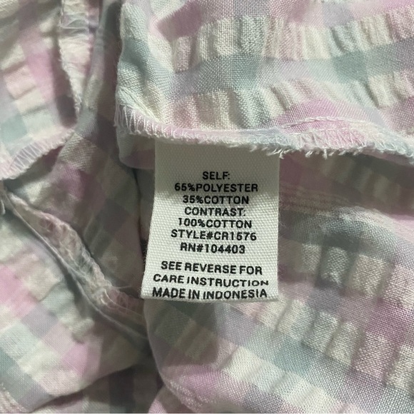 Mine Pink Green Gingham V Neck Flutter Sleeve Seersucker Top - Picture 6 of 6